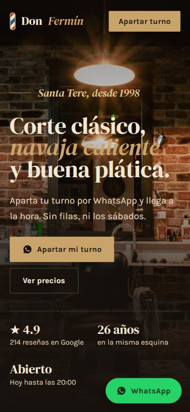 Página de ejemplo de una barbería en celular