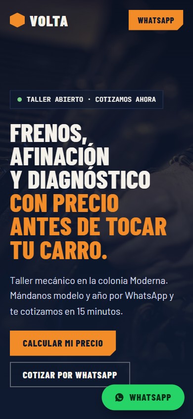 Página de ejemplo de un taller mecánico en celular