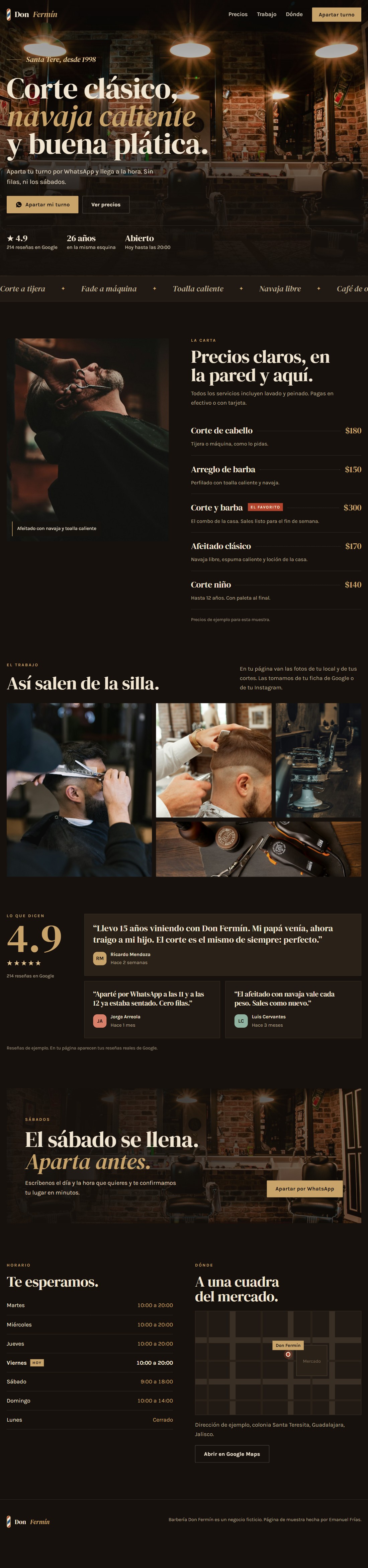 Página completa de la barbería de ejemplo